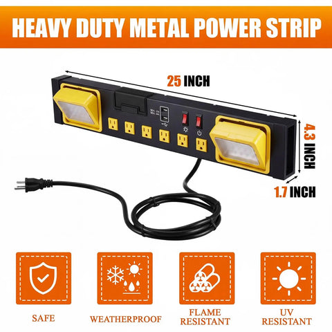 Heavy Duty 6 Outlet Power Strip With Built In Led Work Light And Dual Usb Charging Ports For Desk And Travel Setup Goes Hard While Handling Every Phone And Gadget Smooth No Cap