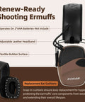 Electronic Shooting Ear Protection With 4X Sound Amplification, 2 Pack Slim Active Noise Reduction Earmuffs, view of one earmuff with features labeled.