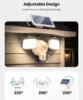 Onforu 36W Solar LED Security Lights, PIR Motion Sensor Outdoo for Yard, showing adjustable angles for optimal lighting.