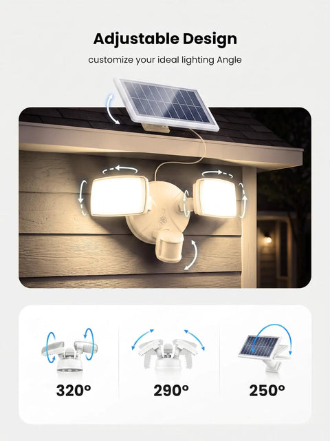 Onforu 36W Solar LED Security Lights, PIR Motion Sensor Outdoo for Yard, showing adjustable angles for optimal lighting.