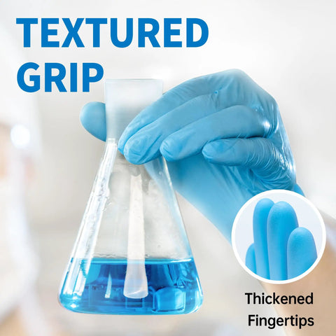 Blue Nitrile Exam Gloves XL 100 Count 4 Mil Thick Hella Durable Powder Free Latex Free Heavy Duty Medical Grade with textured grip.