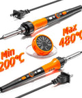 Pro Grade Soldering Kit With 60W Soldering Gun And Ceramic Heater, 12 In 1 Tool Set showing temperature range 200 to 480 C