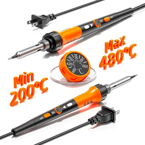 Pro Grade Soldering Kit With 60W Soldering Gun And Ceramic Heater, 12 In 1 Tool Set showing temperature range 200 to 480 C