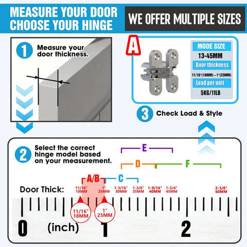 Image of hinge measurement guide with multiple sizes options for Invisible Cabinet Door Hinges 180 Degree Sweep Hidden Cross Hinge 4 Pack For Frameless Furniture.
