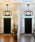 Six Light Black Farmhouse Chandelier Featuring Smooth Geometric Frames Slick Industrial Ceiling Fixture Solid Metal Edison Socket in soft and daylight lighting.