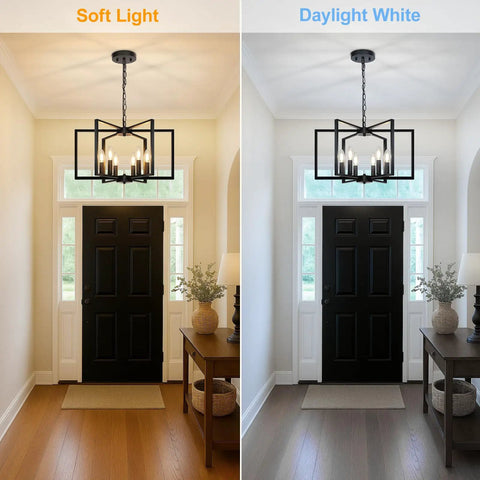 Six Light Black Farmhouse Chandelier Featuring Smooth Geometric Frames Slick Industrial Ceiling Fixture Solid Metal Edison Socket in soft and daylight lighting.