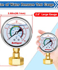 Oil Filled 0 To 100 Psi Water Pressure Gauge With Three Quarter Inch GHT Female Thread For Home Use Indoors Outdoors shown with hand for scale