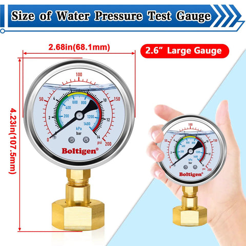 Oil Filled 0 To 100 Psi Water Pressure Gauge With Three Quarter Inch GHT Female Thread For Home Use Indoors Outdoors shown with hand for scale