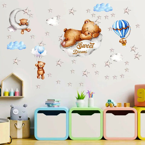 Moon And Stars Sleeping Bear Wall Stickers Set For Nursery Decor Cozy Baby Room With Dreamy Hot Air Balloon Night Sky Theme