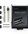 Heavy Duty Three Eighths Inch Sheet Metal Spot Weld Cutter Kit with nine pieces and case for auto body work and panel separation