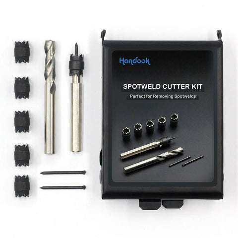 Heavy Duty Three Eighths Inch Sheet Metal Spot Weld Cutter Kit with nine pieces and case for auto body work and panel separation