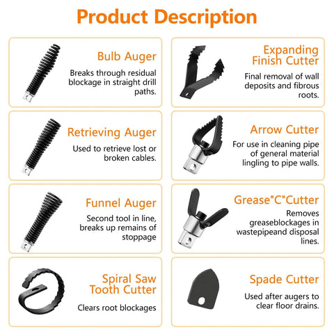 16 Piece Drain Snake Drill Attachment Heavy Duty Drain Auger Cutter Kit with various specialized heads for plumbing.