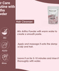 Instructions for using Aritha Soap Nut Powder for hair care, with product package shown. Aritha Soap Nut Powder For Silky Hair Organic And Pure USDA NOP Certified Aritha Powder From India Natural Hair Conditioner And Cleanser And Shampoo Alternative No Harsh Stuff Chemical Free Eco Friendly Saponin Rich Formula 227g