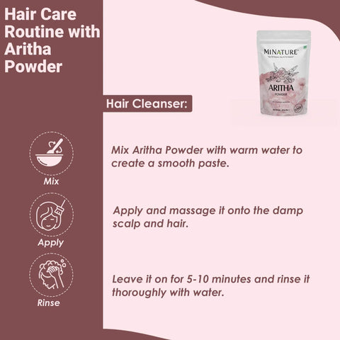 Instructions for using Aritha Soap Nut Powder for hair care, with product package shown. Aritha Soap Nut Powder For Silky Hair Organic And Pure USDA NOP Certified Aritha Powder From India Natural Hair Conditioner And Cleanser And Shampoo Alternative No Harsh Stuff Chemical Free Eco Friendly Saponin Rich Formula 227g