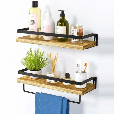 Wall mounted shelves with wooden boards and black metal supports holding toiletries and decor items.