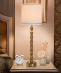 Gold Buffet Lamps Set Of 2 Tall Skinny Candlestick Style Lamps For Living Room And Dining Room on bedside table, modern glam decor.