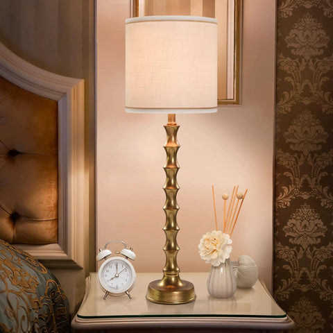 Gold Buffet Lamps Set Of 2 Tall Skinny Candlestick Style Lamps For Living Room And Dining Room on bedside table, modern glam decor.