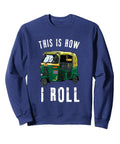 Slide Into Something Fresh With This Sick Tuk Tuk Rickshaw Graphic Sweatshirt Unisex Navy Blue Classic Fit Auto Driver Gift Bangkok French Terry Garment displaying retro Tuk Tuk print.