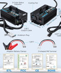 Heavy Duty 12V 50A LiFePO4 Battery Charger With 14.6V Boost 0V Wake Up 8 Protections And 3 Connectors shown with cables and certifications