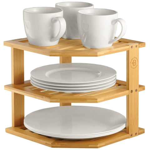 Total Kitchen Game Changer, Super Handy Bamboo Corner Shelf, 3 Tier Plate Rack displaying mugs and plates.