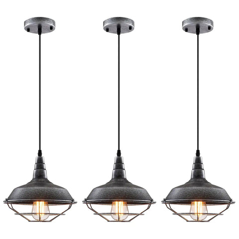 Three Pack Matte Black And Silver Pendant Lights 10.5 Inch Dope Industrial Vintage Farmhouse Ceiling Lamps for Kitchen Island