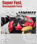 12V Cordless Drill Kit With 3/8 Inch Keyless Chuck, 1400 RPM High Speed, held in hand with drill bit, close-up view