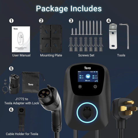 Package includes for Top Tier Smooth Operator Level 2 Electric Vehicle Charger For Tesla And Most Plug In Cars with manual and tools.