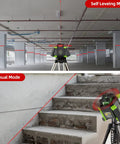 Heavy Duty Electronic Self Leveling Rotary Red Laser Level Kit displays Self Leveling and Manual Modes with red laser lines.