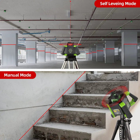 Heavy Duty Electronic Self Leveling Rotary Red Laser Level Kit displays Self Leveling and Manual Modes with red laser lines.