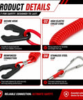 Boat Engine Safety Kill Switch Lanyard Cord with PU rope showing secure hook, coiled design, reinforced ABS clip, and stainless steel clip