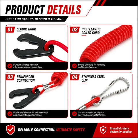 Boat Engine Safety Kill Switch Lanyard Cord with PU rope showing secure hook, coiled design, reinforced ABS clip, and stainless steel clip
