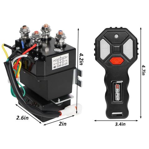 Heavy Duty 12V 250A Winch Solenoid Relay Contactor For 2000-5500lb Winches, ATV UTV Winch Control Kit With Wireless Remote And Universal Accessories Included, relay and remote with dimensions
