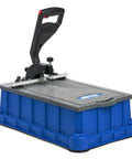Pro Grade Heavy Duty Pocket Hole Jig For Woodworkers Fast Precise Drill Press Compatible, blue tool with handle and adjustable fence.