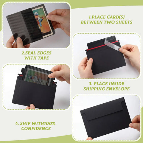 Instructional guide for Trading Card Shipping Kit 400 Pcs Envelopes And Rigid Self Seal Mailers 4x6 For TCG And Sports Cards Privacy Protection
