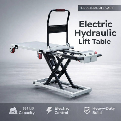Heavy Duty Electric Hydraulic Lift Table Cart With 660 Lb Capacity And No Sweat Rolling Wheels Featuring Adjustable Sliding Rails And A Grippy Antislip Platform