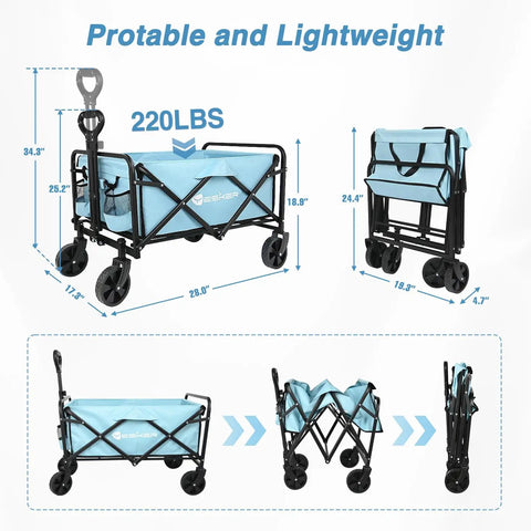 Dimensions and folding features of Beefed Up Heavy Duty Foldable Wagon Cart With All Terrain Wheels 220lb Capacity Portable Collapsible Utility Trolley