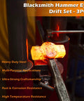 Eye Drift Tool Set For Smithing And Knife Making, 3 Piece Forging Kit with red-hot hammer drift being worked on an anvil