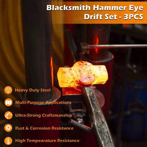 Eye Drift Tool Set For Smithing And Knife Making, 3 Piece Forging Kit with red-hot hammer drift being worked on an anvil
