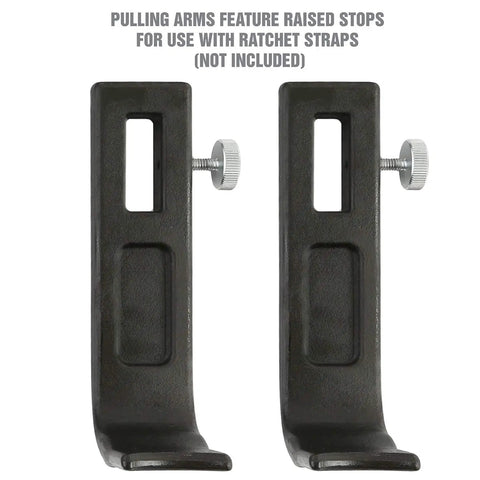Pulling arms from Brake Drum Puller Tool with raised stops for ratchet straps, part of Powerful Brake Drum Puller And Rotor Removal Tool