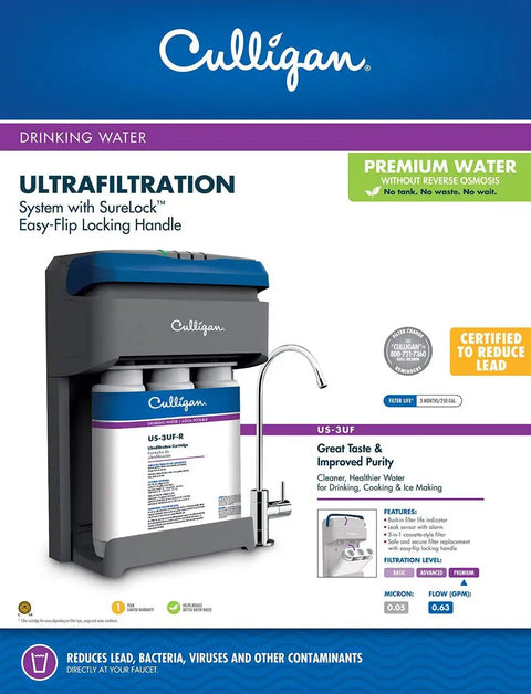 Ultra Filtration Under Sink Drinking Water Filter Replacement Cartridge Set For Easy Change And Quick Swap Leak Free Seal 2 Count White Compatible With US 3UF Under Sink Systems displayed with packaging and features.