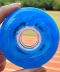 Close-up of a blue Inline Skate Wheel Replacement Set 83A 72Mm 76Mm 80Mm Durable PU Wheels for indoor outdoor street skating.