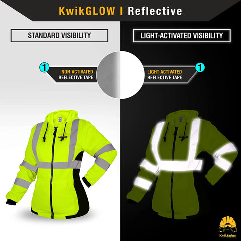 ROGUE Safety Jacket for Women With Class 3 ANSI Reflective Hi Vis Fleece Hoodie Yellow Small Size with light-activated visibility