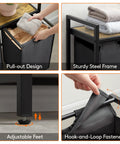 Close-up of 95L Double Section Laundry Hamper with pullout compartments, sturdy black frame, adjustable feet, and hook-and-loop fasteners.