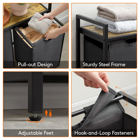Close-up of 95L Double Section Laundry Hamper with pullout compartments, sturdy black frame, adjustable feet, and hook-and-loop fasteners.