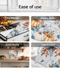 Image showing Fall Thanksgiving Dish Drying Mat Set 2 Pack Must Have with pumpkin and autumn leaves wood grain design, demonstrating storage, water absorption, drying, and cleaning.