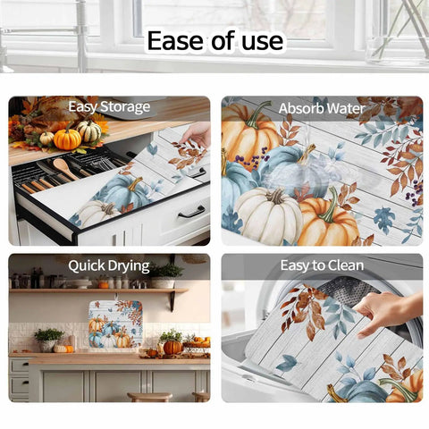 Image showing Fall Thanksgiving Dish Drying Mat Set 2 Pack Must Have with pumpkin and autumn leaves wood grain design, demonstrating storage, water absorption, drying, and cleaning.