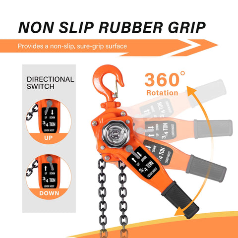 Three Quarter Ton Manual Lever Hoist Come Along With 1650Lbs Capacity showcasing 360 rotation and non-slip grip