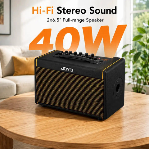 40W Acoustic Guitar Amplifier With Bluetooth And Battery Powered Portable Stereo Speaker on wooden table indoors