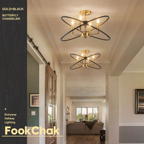 Black And Gold Industrial Ceiling Light Fixture With Four Light Candle Chandelier Ceiling Mount For Dining Room Kitchen Island Living Room And Bedroom E12 Sockets Vintage Style Home Lighting in hallway.