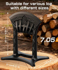 Kindling Splitter For Wood No Axe Needed Manual Cast Iron Log Splitter with size details and logs in background